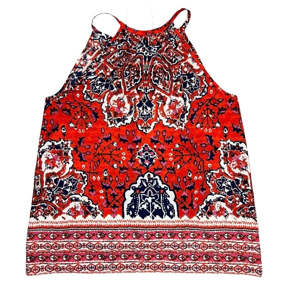 Dalia Women's Boho Split V-Neck Tank Top Size M Red / Blue Ikat Print - Picture 2 of 8